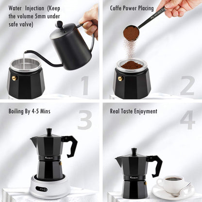 Classic Moka Pot Stovetop Espresso Maker – 6 Cup Aluminum Coffee Percolator for Gas & Electric Stoves, Includes 2 Espresso Cups, Black Gift Set